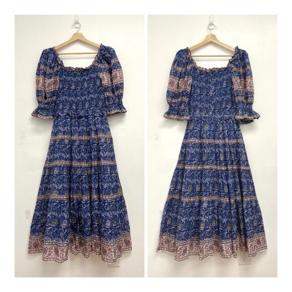 SEA New York Rosita Smocked Square Neck Puff-Sleeve Cotton Print Midi Dress XS - Picture 12 of 13